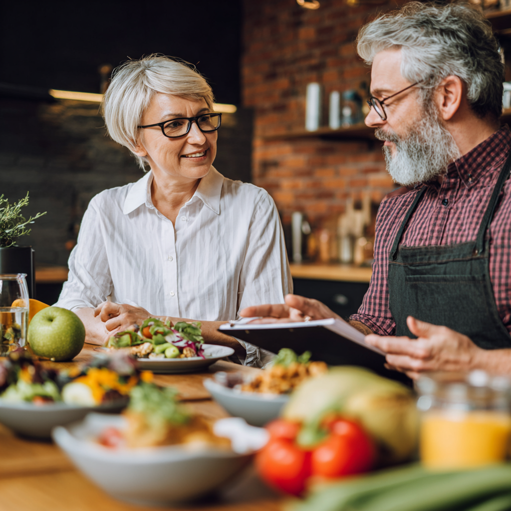 Senior nutritionist discussing various healthy meal options with middle-aged client